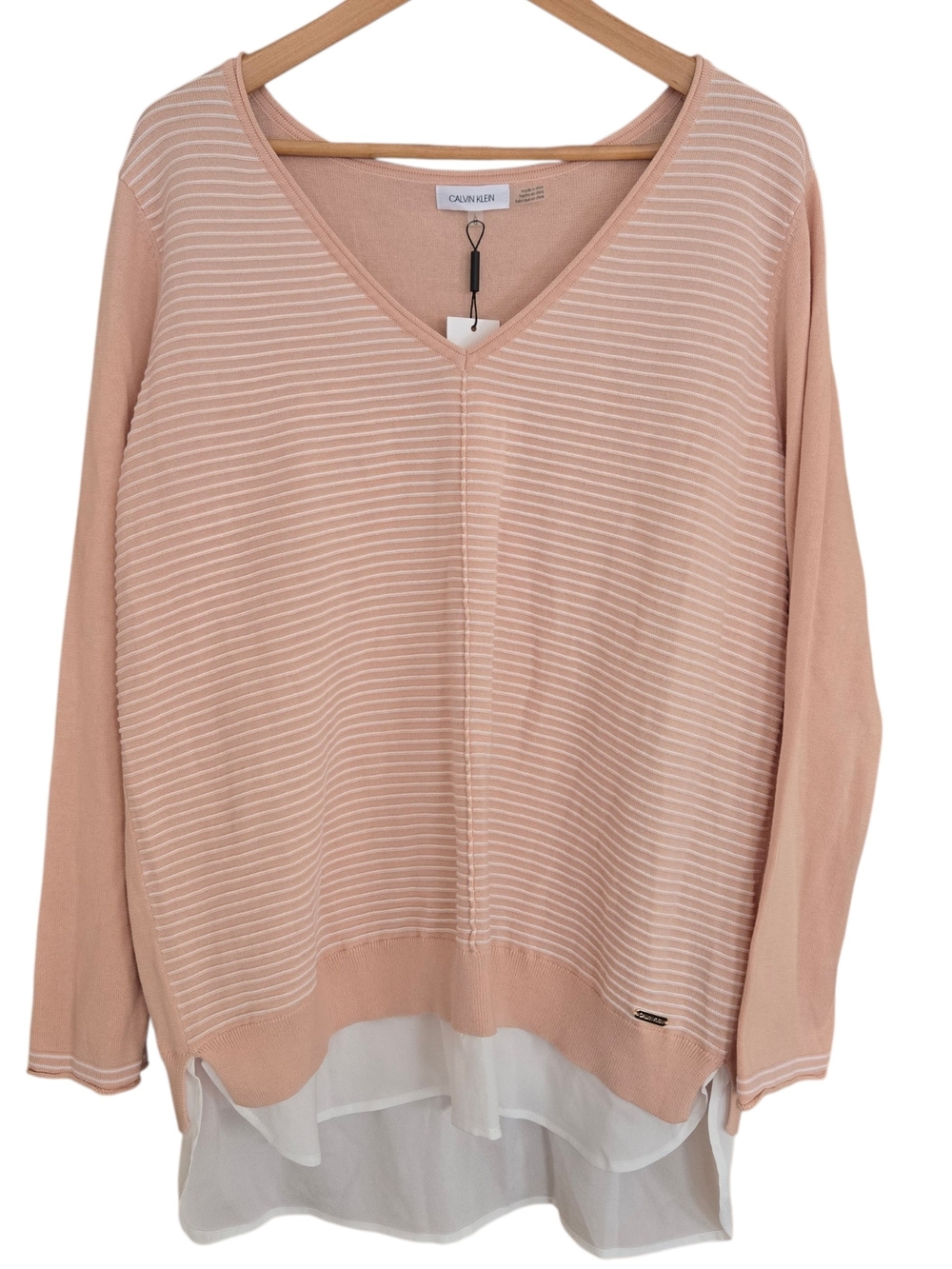 Calvin Klein Layered Look Striped V-Neck Sweater Womens Size L Blush Pink